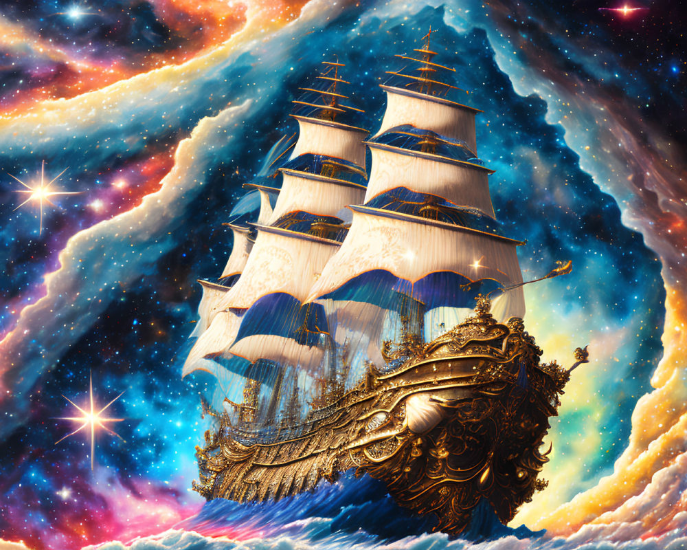 Golden ship sailing through cosmic sea with nebulae and stars.