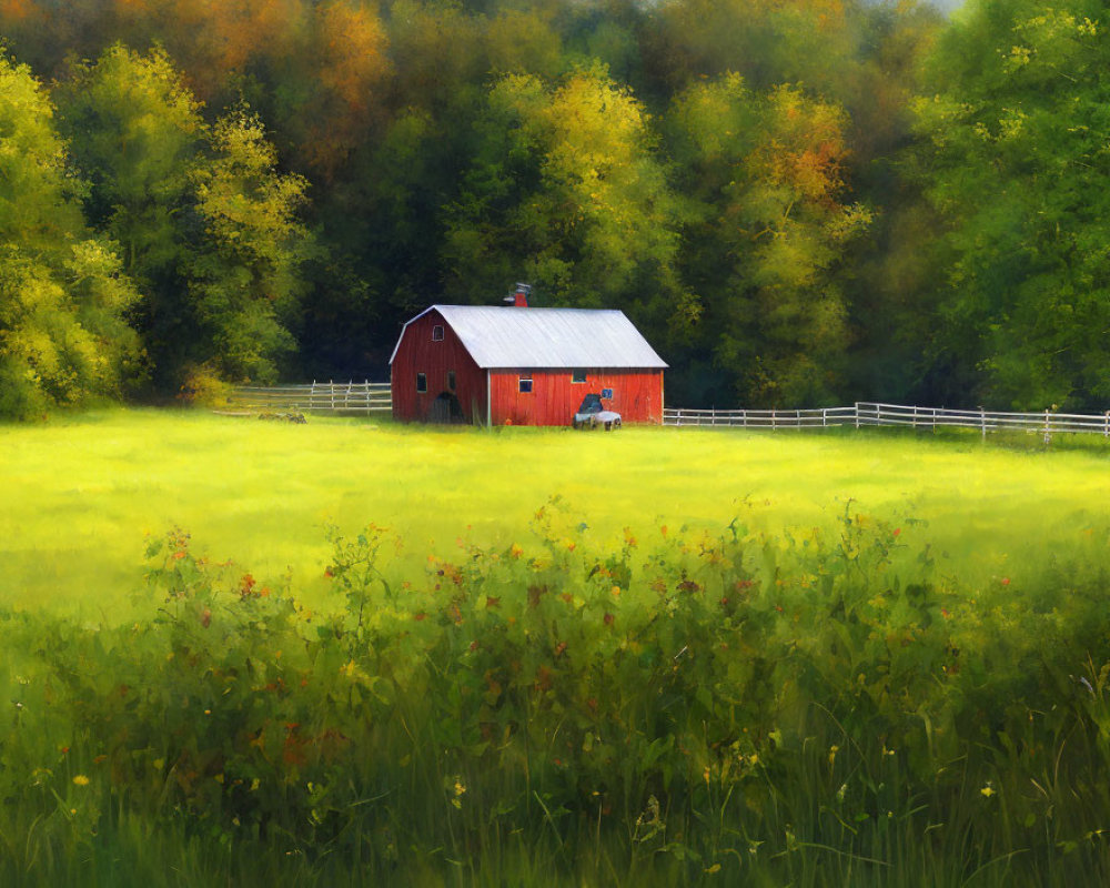 Red Barn Surrounded by Green Trees in Meadow