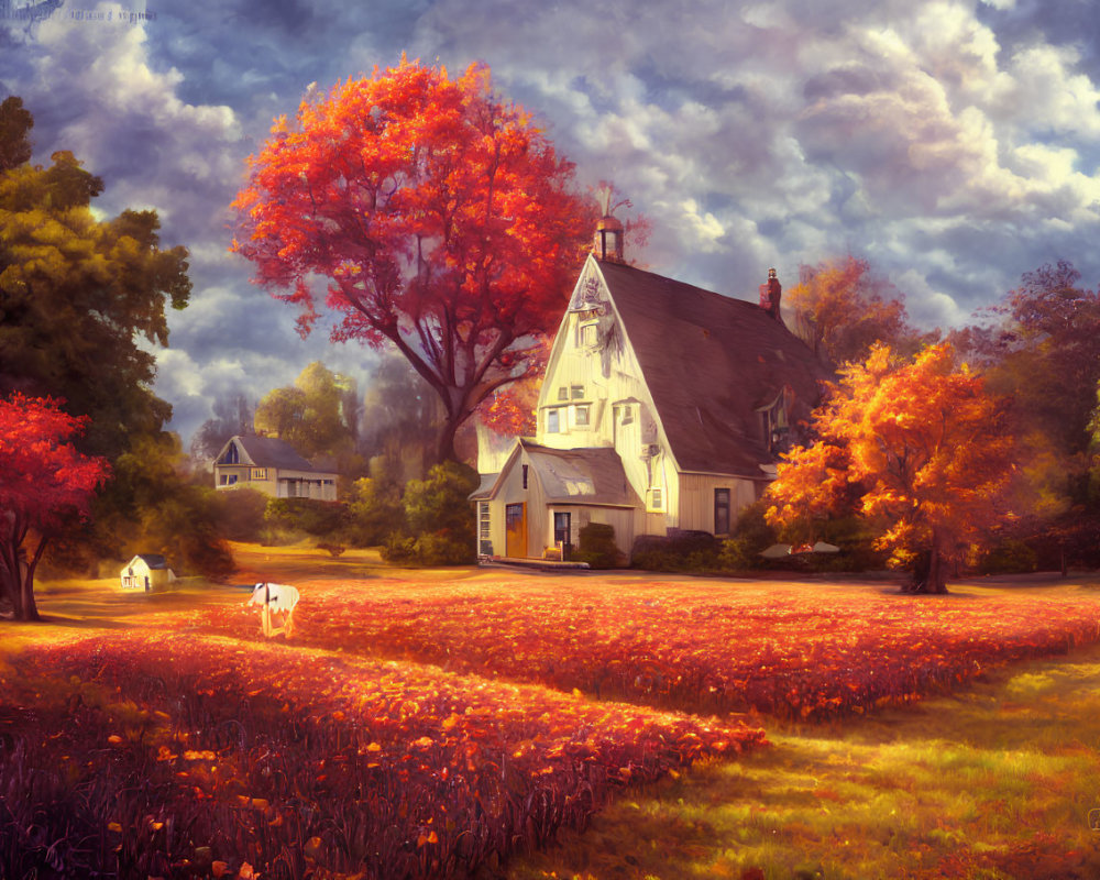 Vibrant autumn foliage with quaint house and dog in scenic view