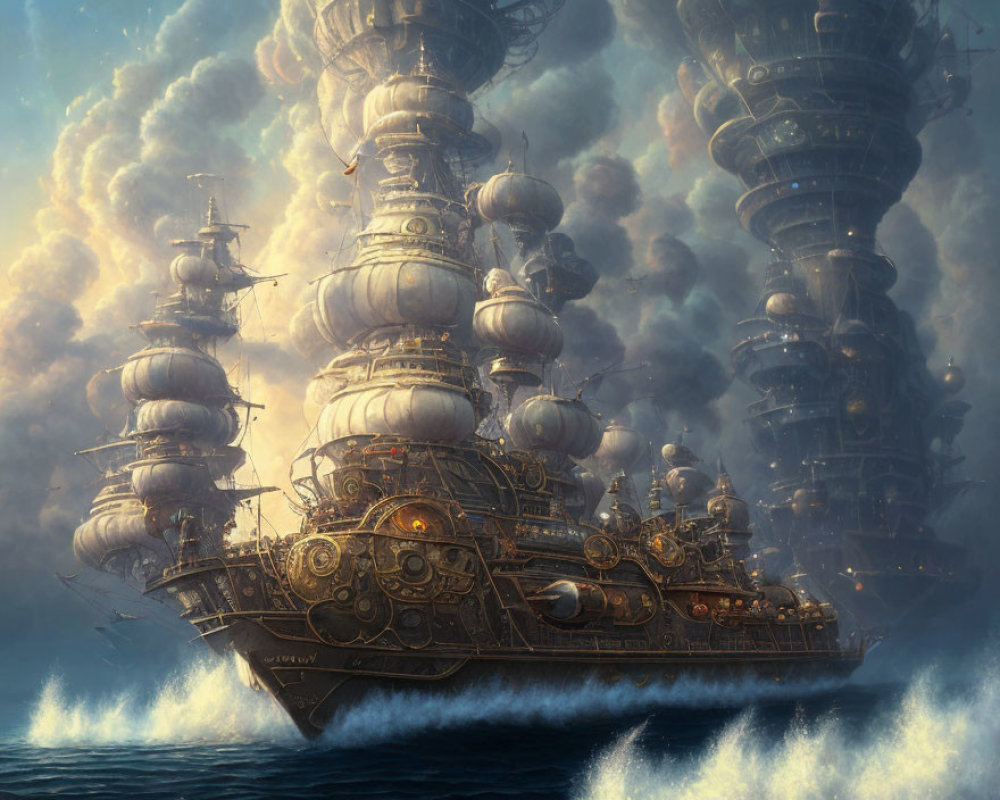 Elaborate Steampunk-Style Ship with Balloon Attachments and Smokestacks