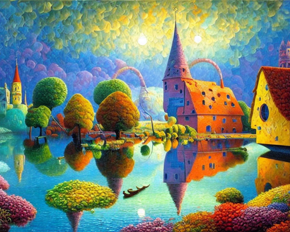 Colorful Painting of Whimsical Village with Unique Houses and River