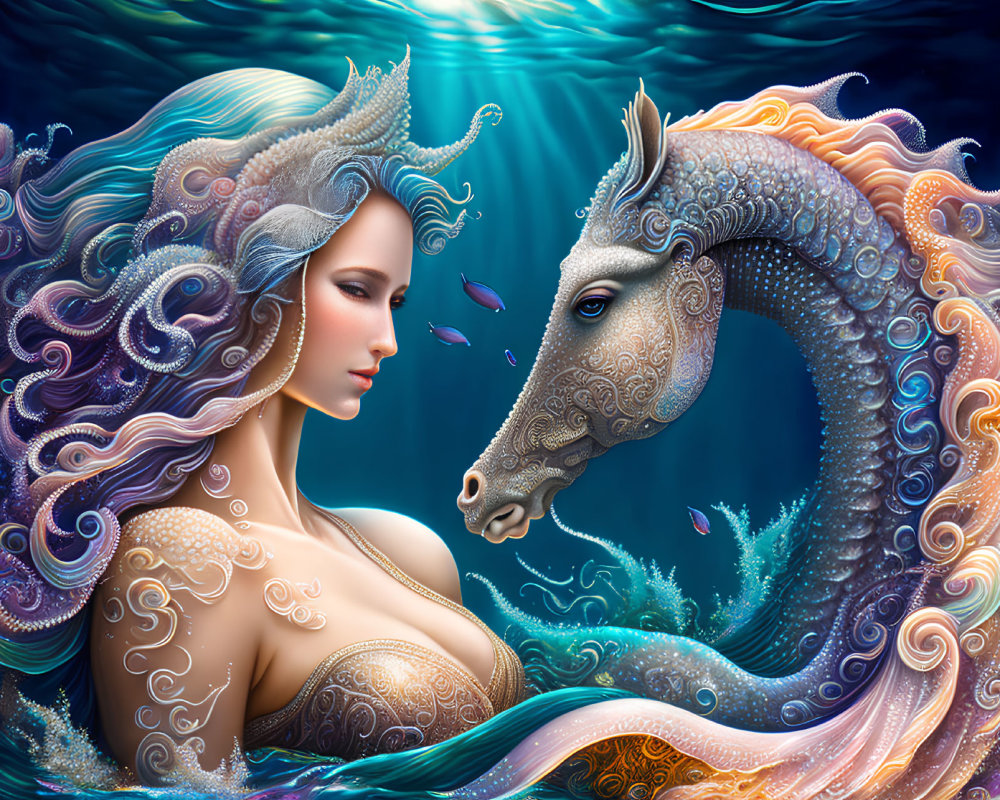 Mystical mermaid and seahorse in underwater scene