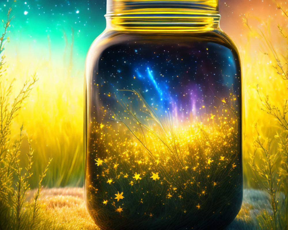 Glass jar with vibrant night sky and stars in cosmic setting