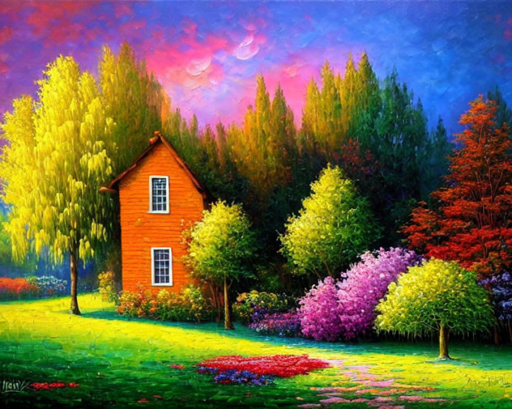 Colorful painting of small red house in lush landscape under purple sky