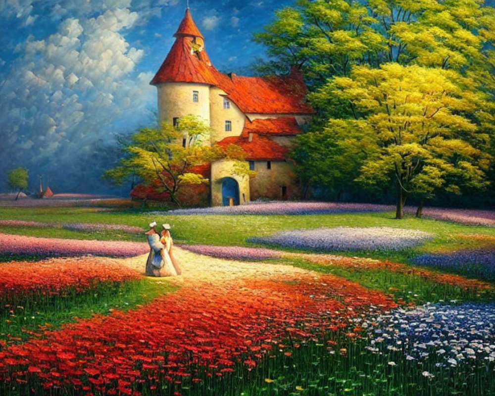 Colorful painting of couple walking to castle amid flowers and trees