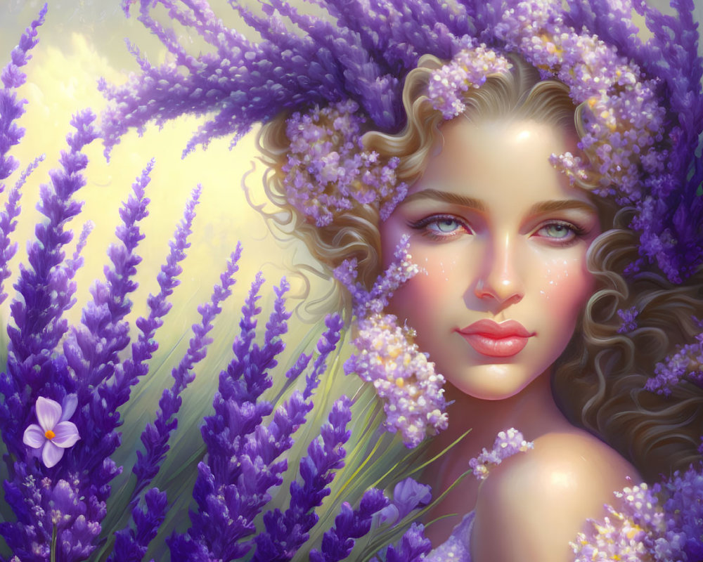 Woman with wavy hair and lavender flowers in lavender field, soft gaze and blue eyes.