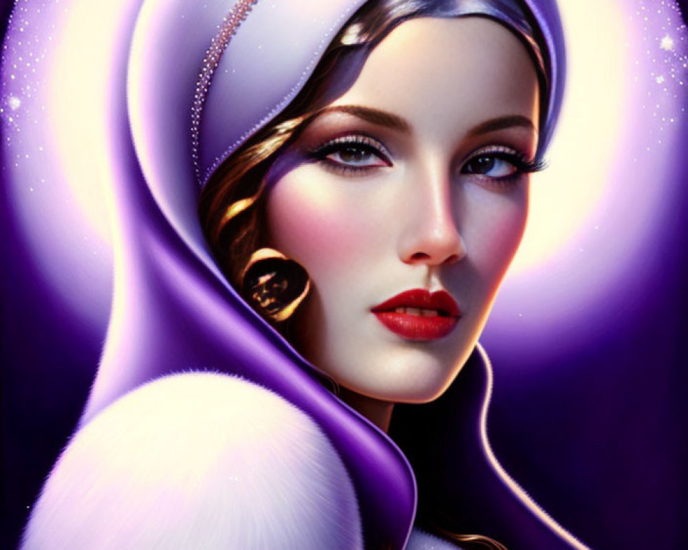 Digital portrait: Woman with red lips, star on forehead, purple and white shawl, glowing aura