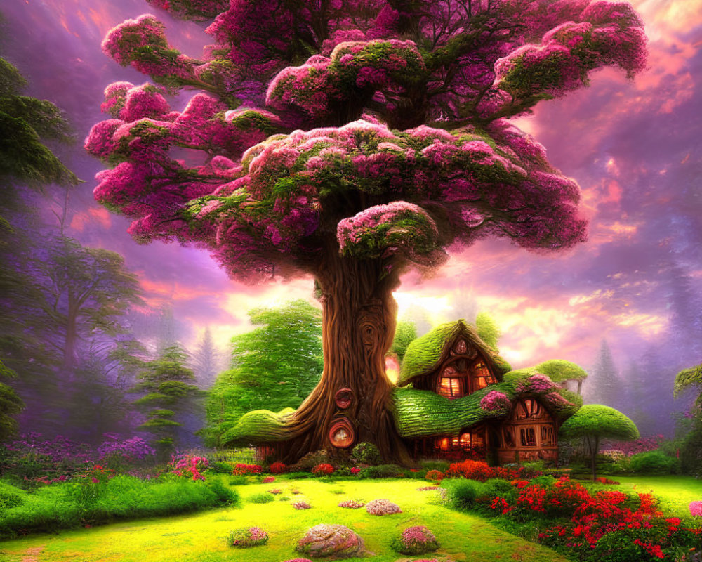 Vibrant pink foliage treehouse in lush garden