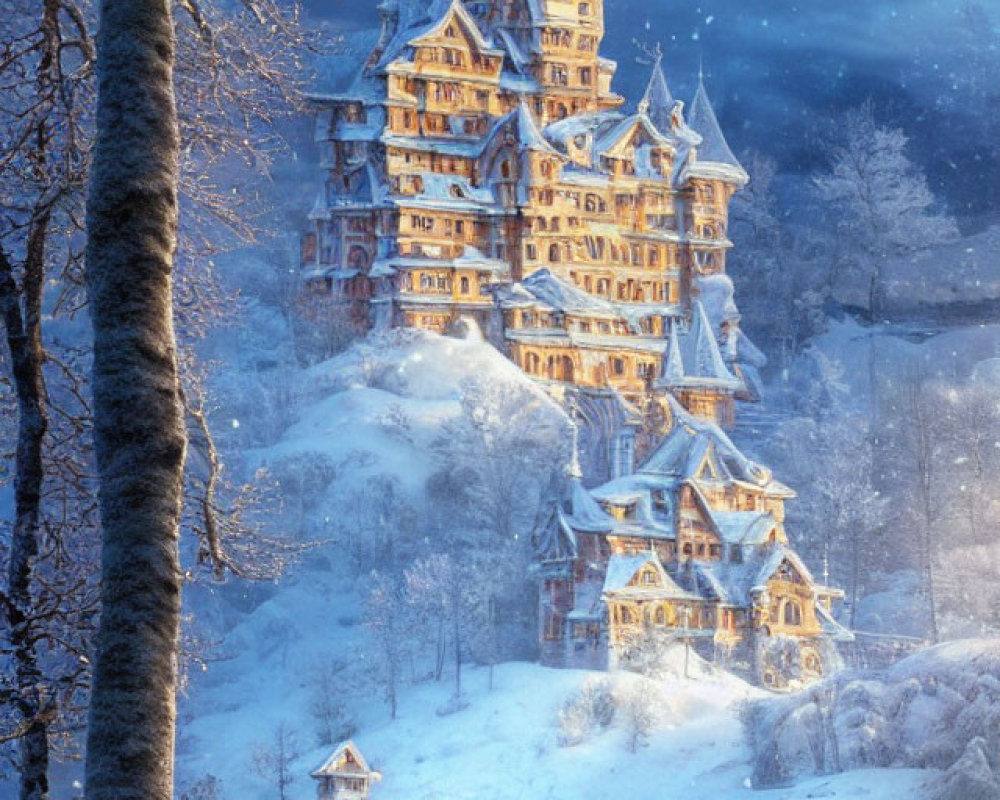 Wooden castle in snowy landscape with river under twilight sky