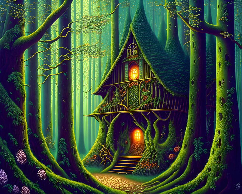 Glowing windows treehouse in enchanted forest