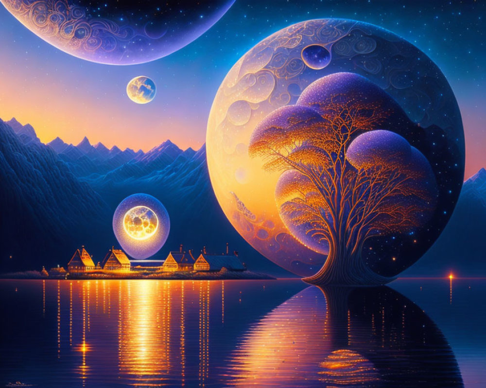 Fantastical landscape with glowing tree, moons, and mountains