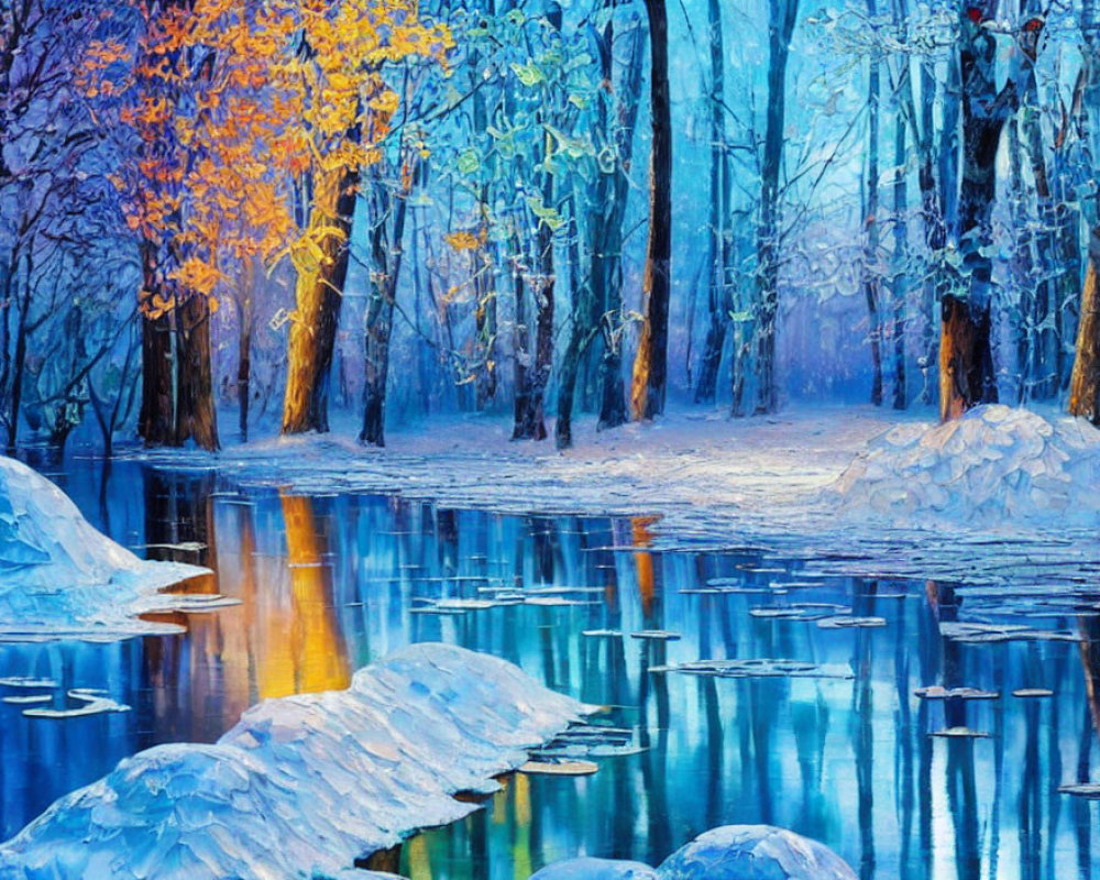 Frozen stream in winter landscape with snow-covered banks and icy blue & warm orange trees