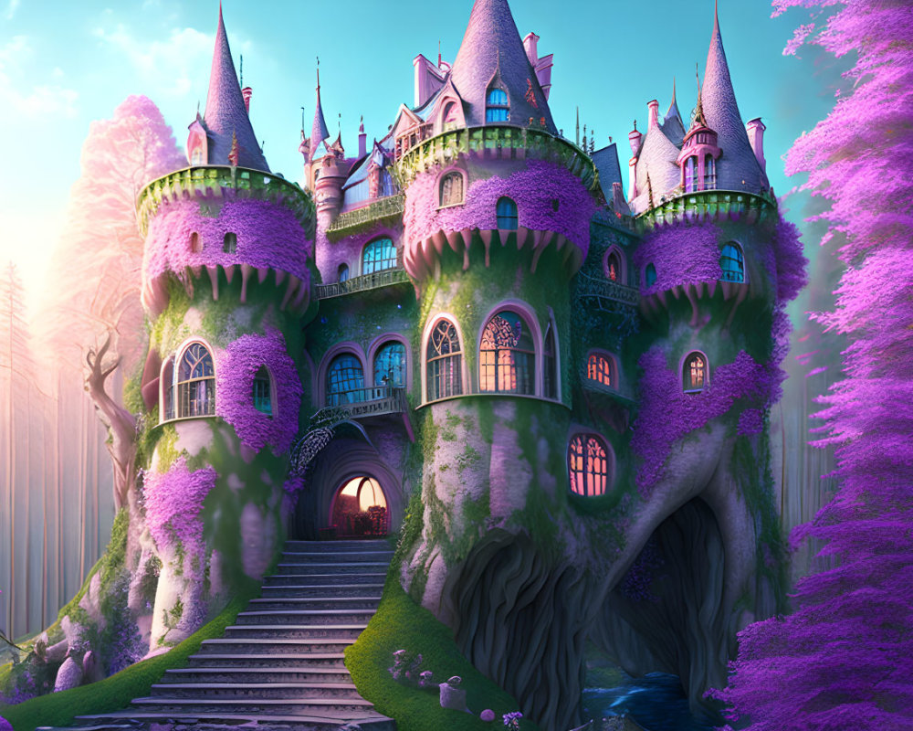 Fairy tale castle with spires, purple trees, and grand staircase