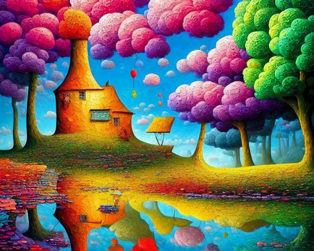 Colorful whimsical painting of surreal landscape with quaint house and lush trees.