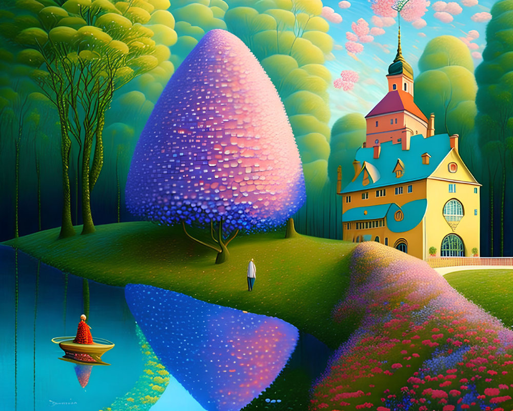 Whimsical landscape with castle, colorful trees, lake, swing person