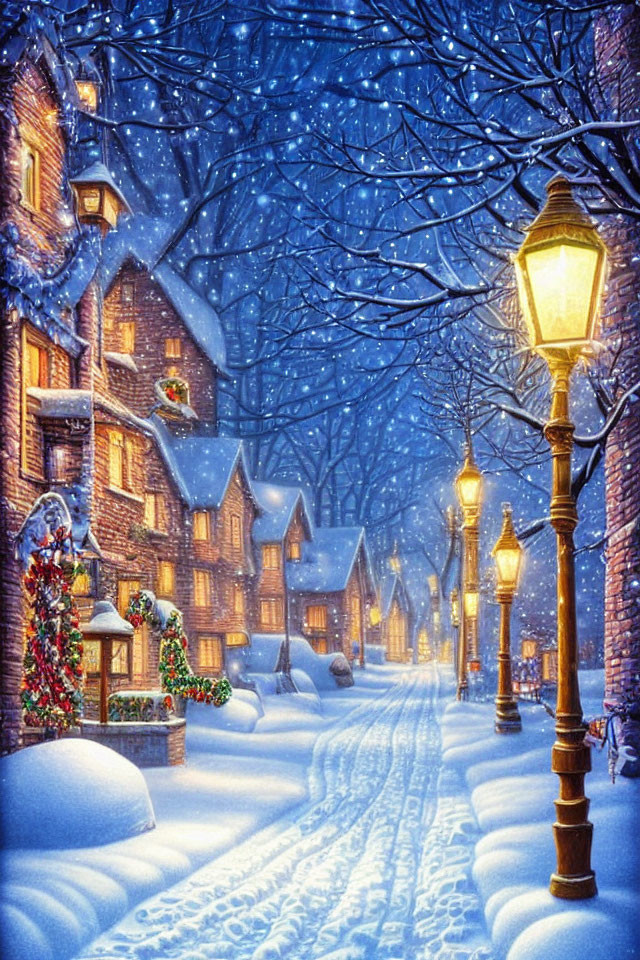 Snowy Street with Traditional Houses and Streetlamps at Twilight