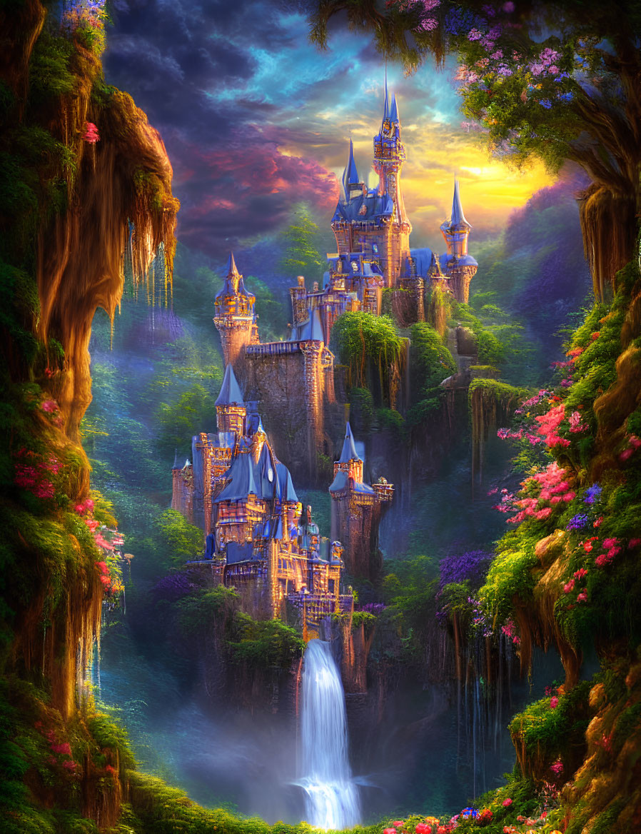 Majestic fantasy castle with spires in lush waterfall scenery