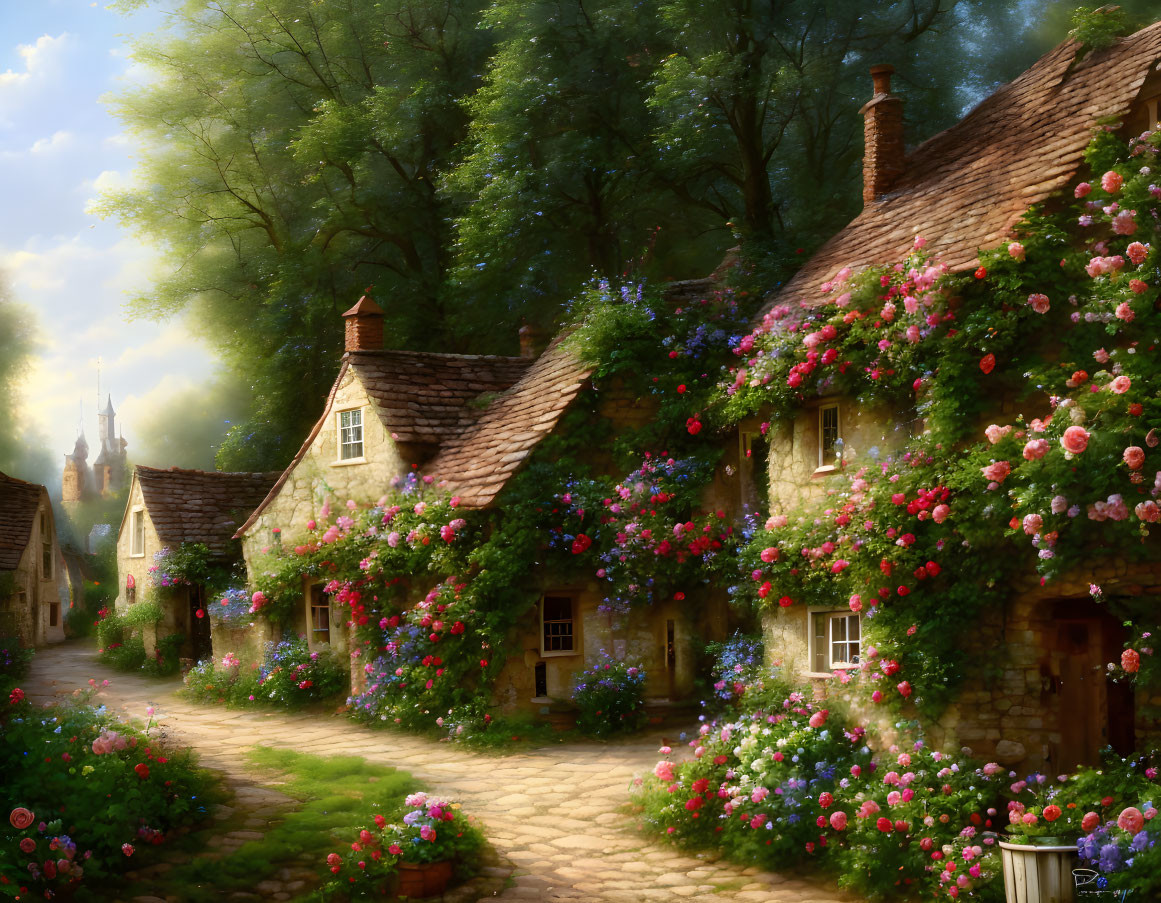 Stone cottages with vibrant flowers in a peaceful village lane