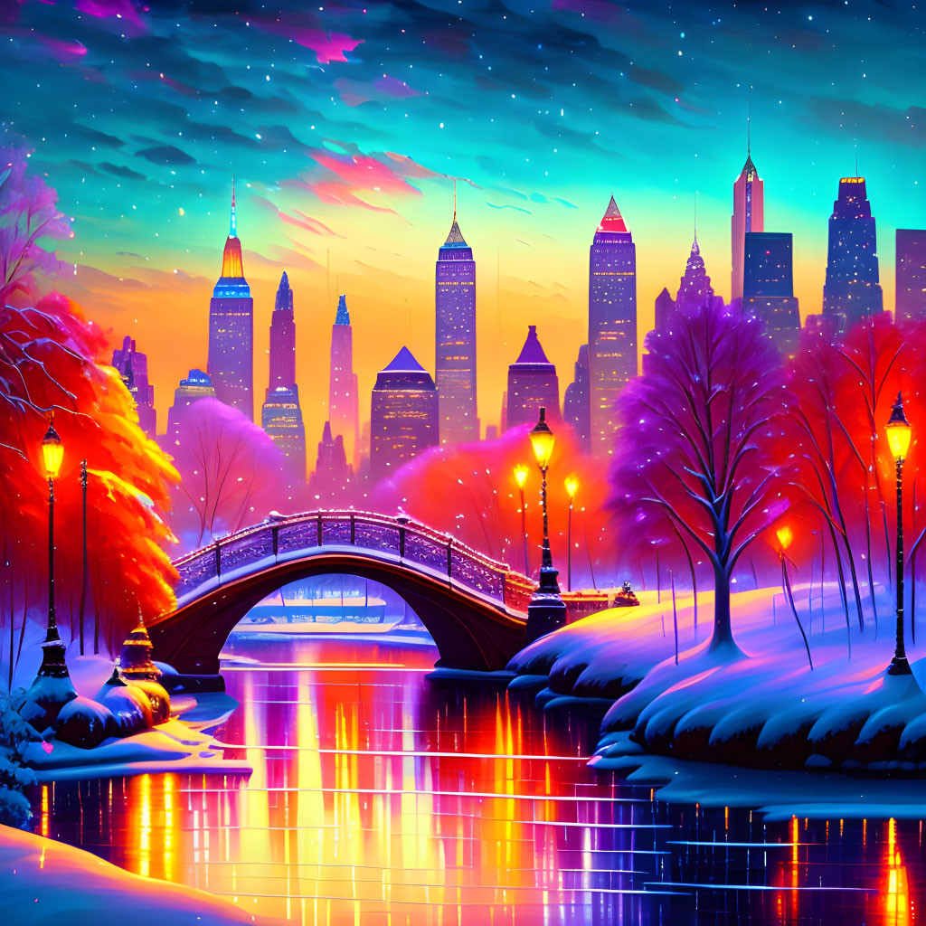 Colorful snowy cityscape with illuminated trees and starry sky