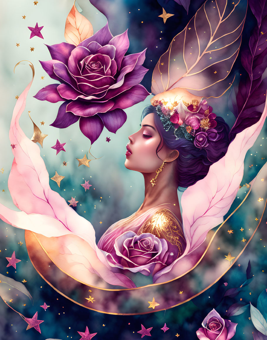 Fantasy art: Woman with pink petals, purple roses, and stars.