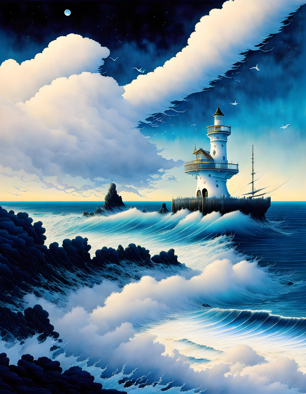 Moonlit seascape with lighthouse, ship, and birds
