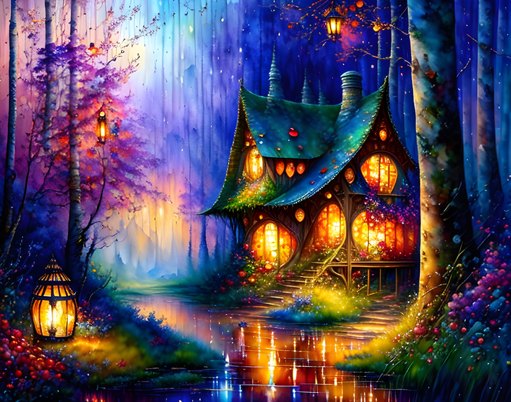 Enchanting forest scene at dusk with whimsical cottage and vibrant trees