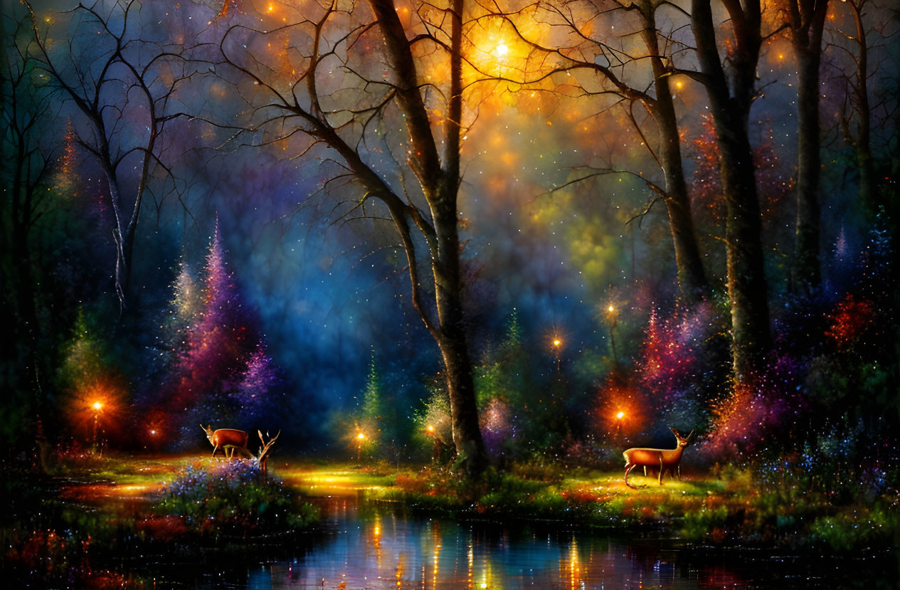 Mystical forest scene with two deer and vibrant colors