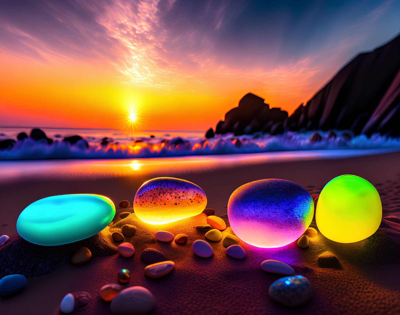 Vibrant sunset beach scene with glowing stones and vivid skies