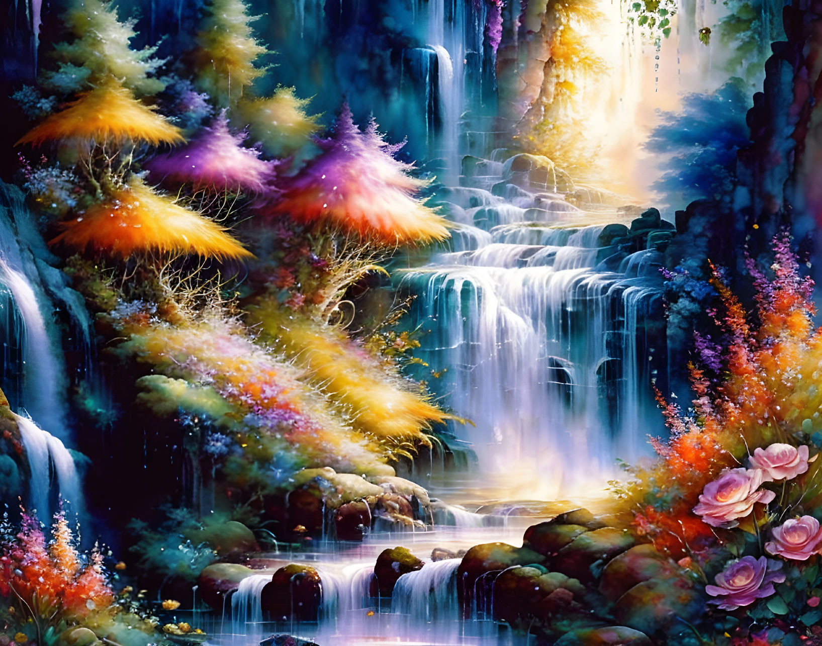 Colorful Fantastical Waterfall Painting with Luminescent Flora