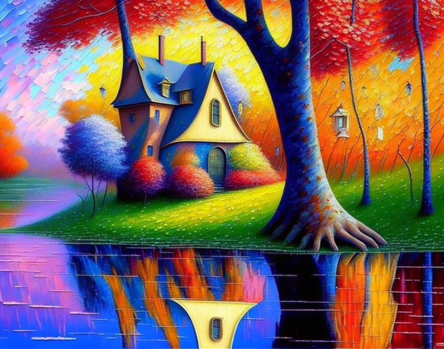 Colorful Painting of Whimsical House by Tree with Water Reflection