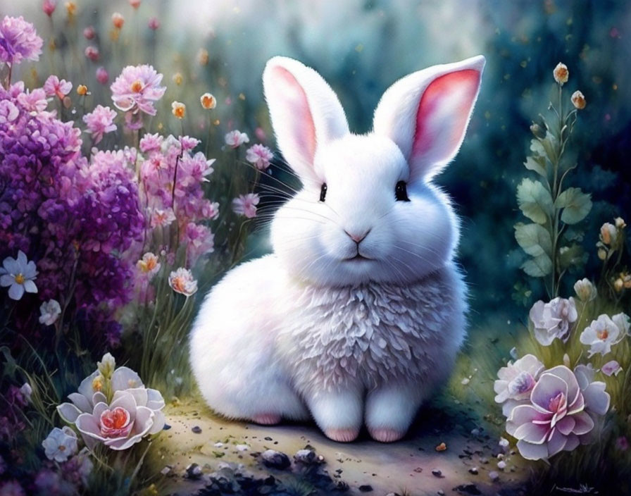 White Rabbit Surrounded by Pink and Purple Flowers