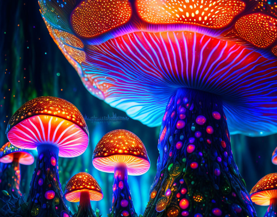 Colorful neon-lit mushrooms illuminate dark background