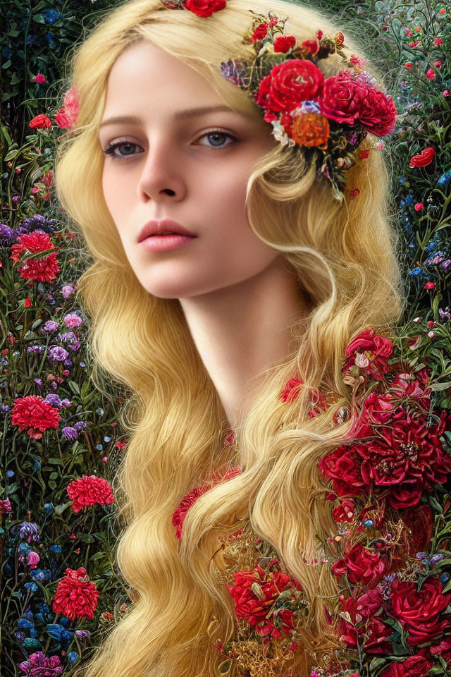 Blonde woman portrait with red flowers in lush backdrop