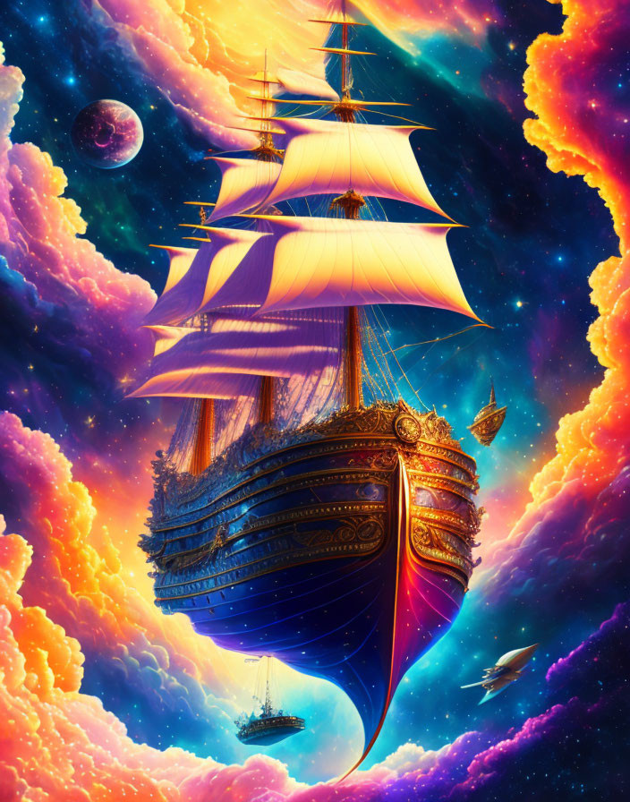 Majestic sailing ship in vibrant cosmic sky with colorful nebulae