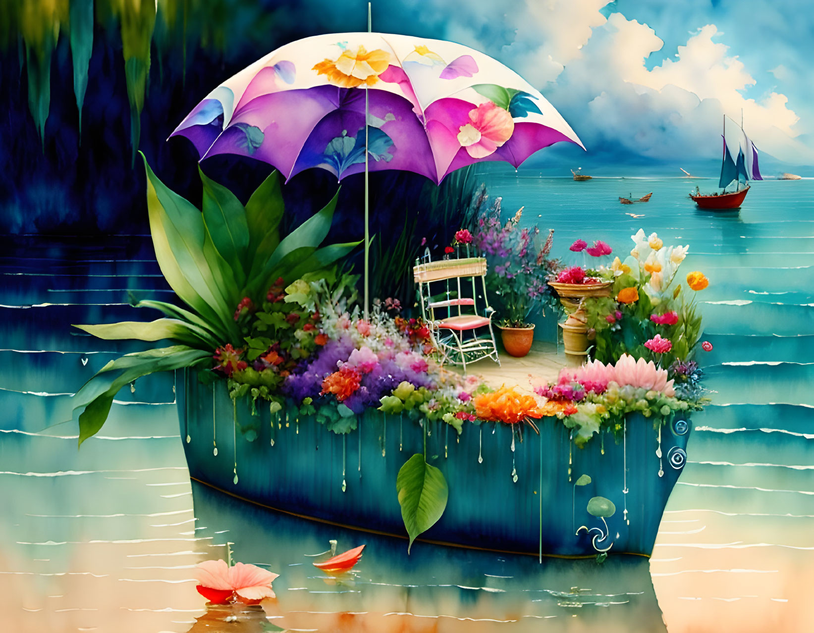 Colorful Flower Boat Painting on Serene Water with Floating Umbrellas