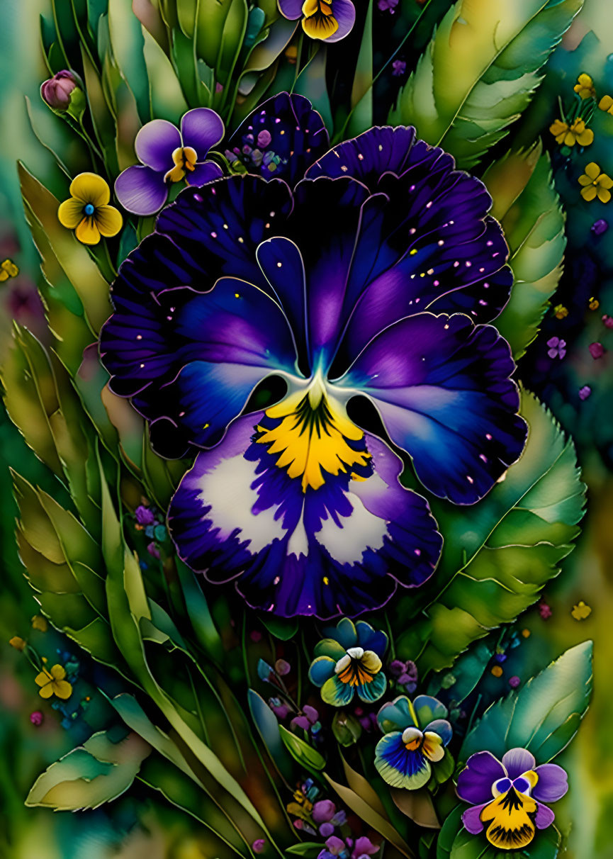 Colorful digital artwork featuring a large purple and blue pansy in a floral setting