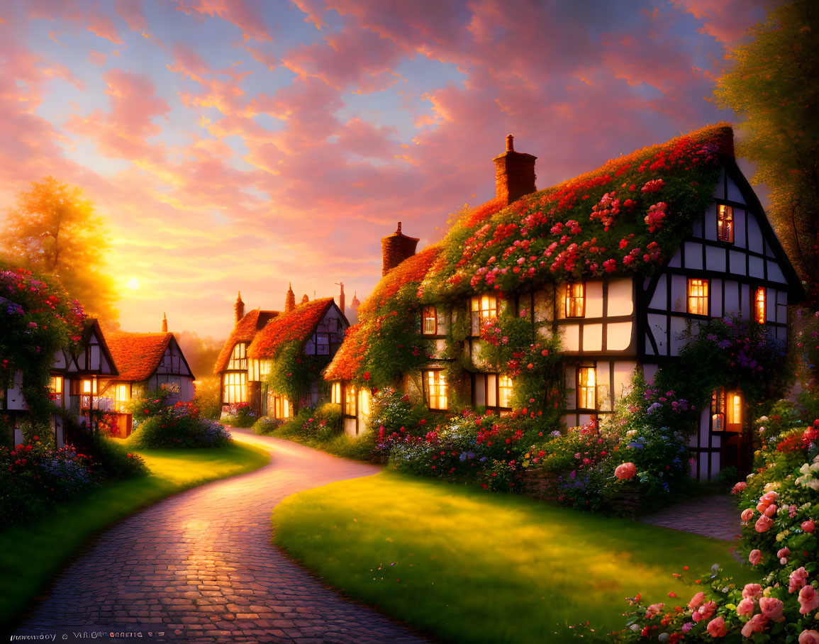 Traditional Thatched-Roof Houses on Quaint Village Street at Sunset