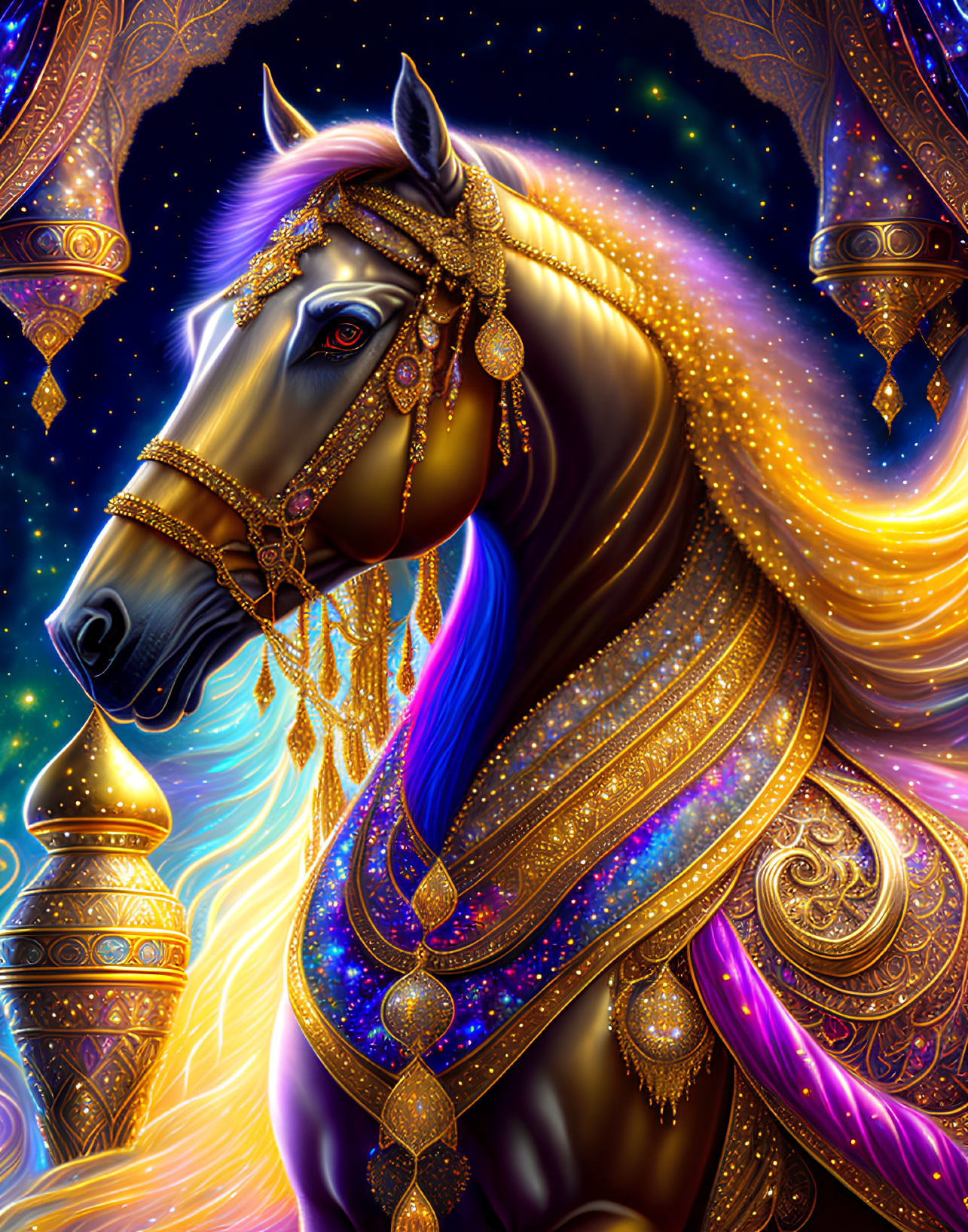 Majestic horse with golden jewelry in cosmic setting