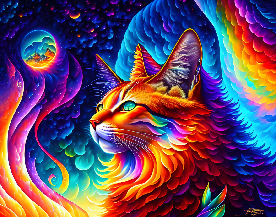 Colorful Stylized Cat Artwork with Cosmic Background