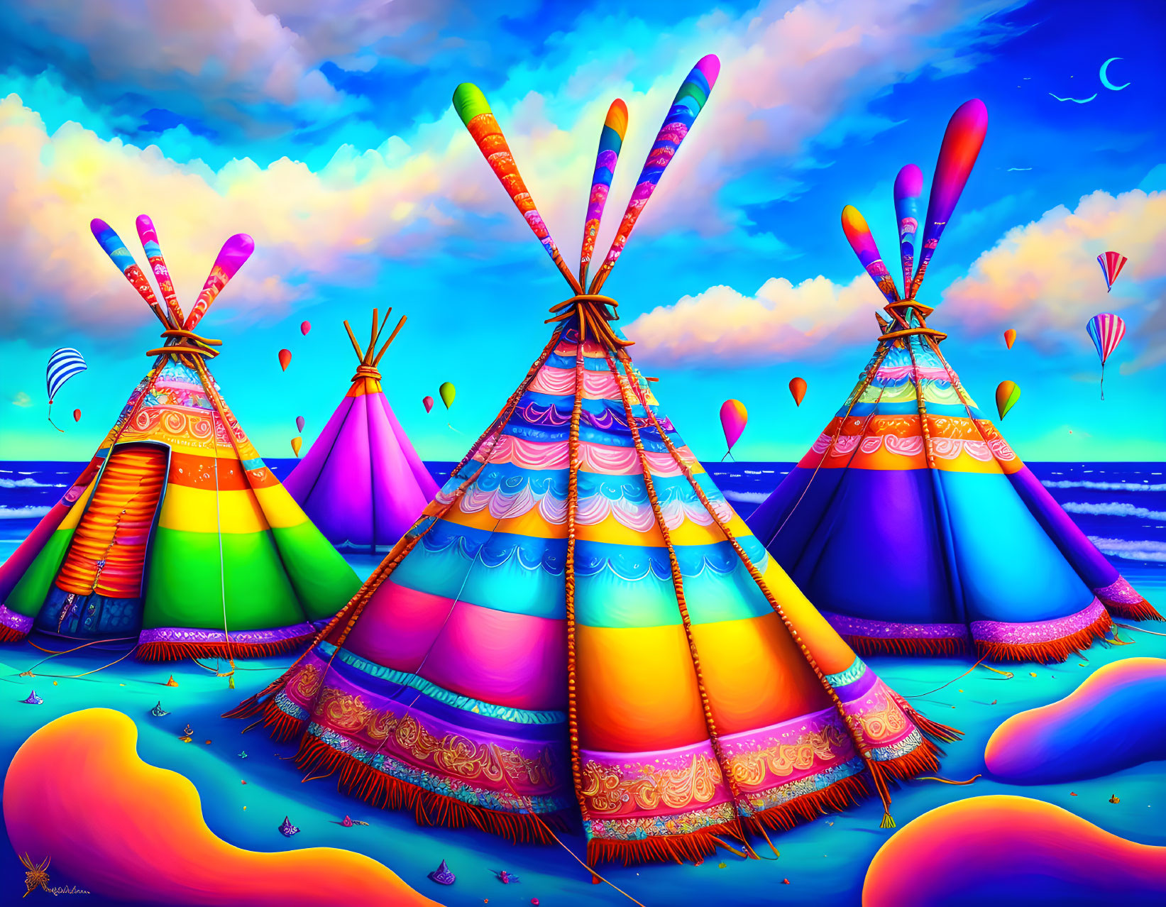 Vibrant Teepees with Patterned Designs on Beachscape