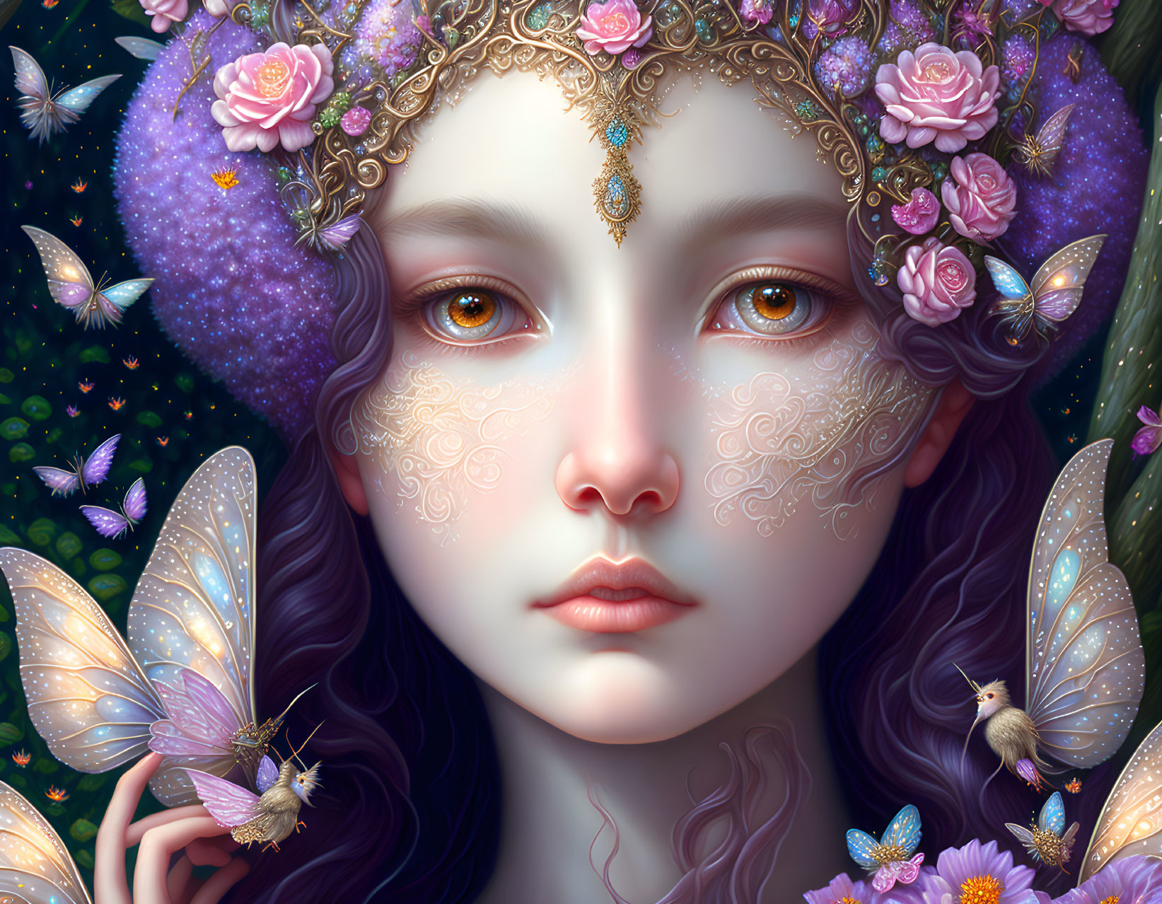 Fantasy character with golden eyes, butterflies, and floral crown