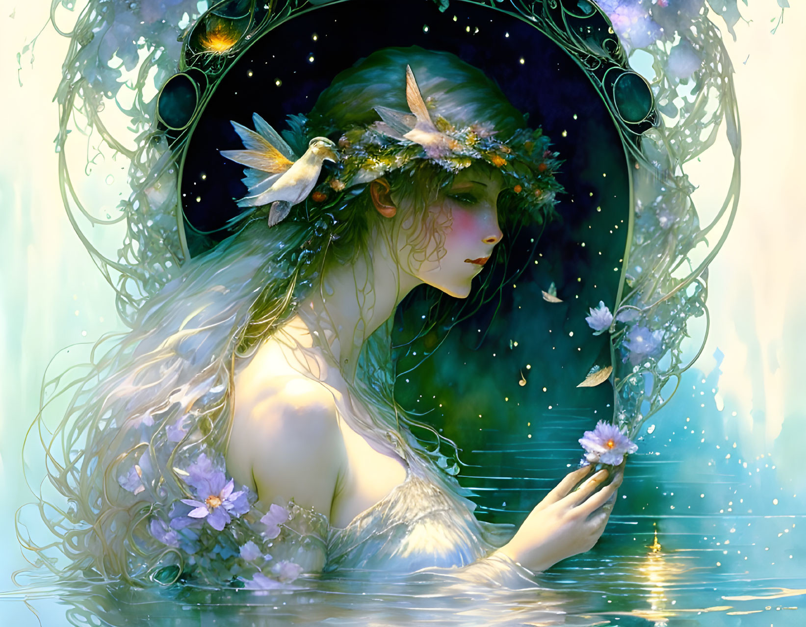 Ethereal woman with floral crown in mystical setting