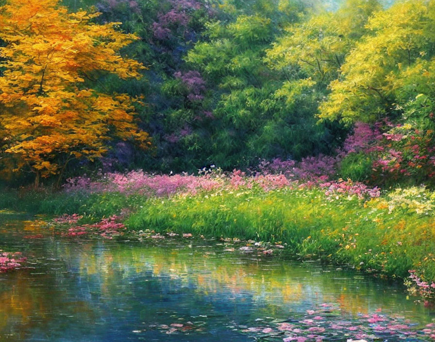 Tranquil pond with lush trees and reflections: serene impressionistic landscape