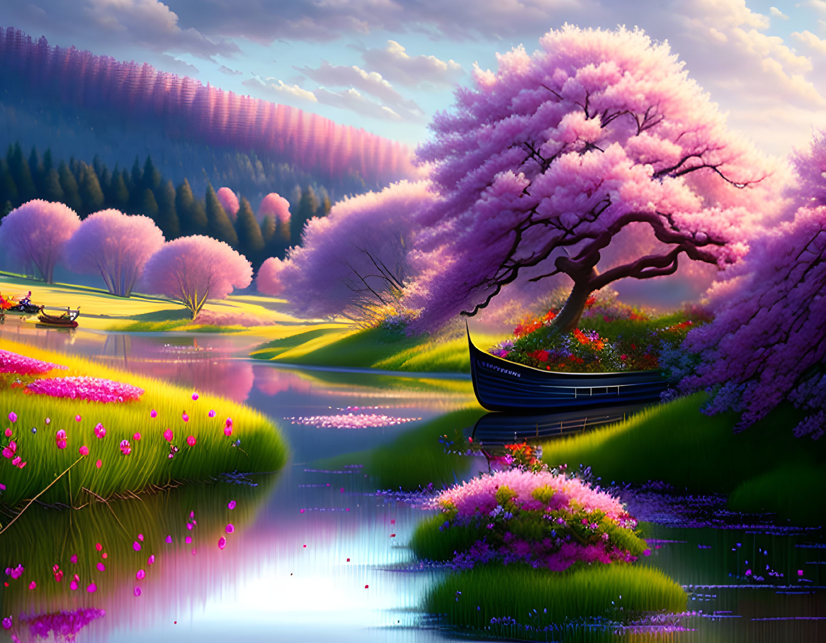 Serene landscape with pink blossoming tree, boat, lush hills