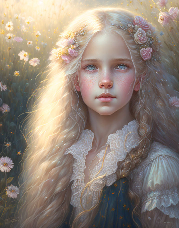 Digital painting of young girl with long blond hair, freckles, blue eyes, in vintage lace