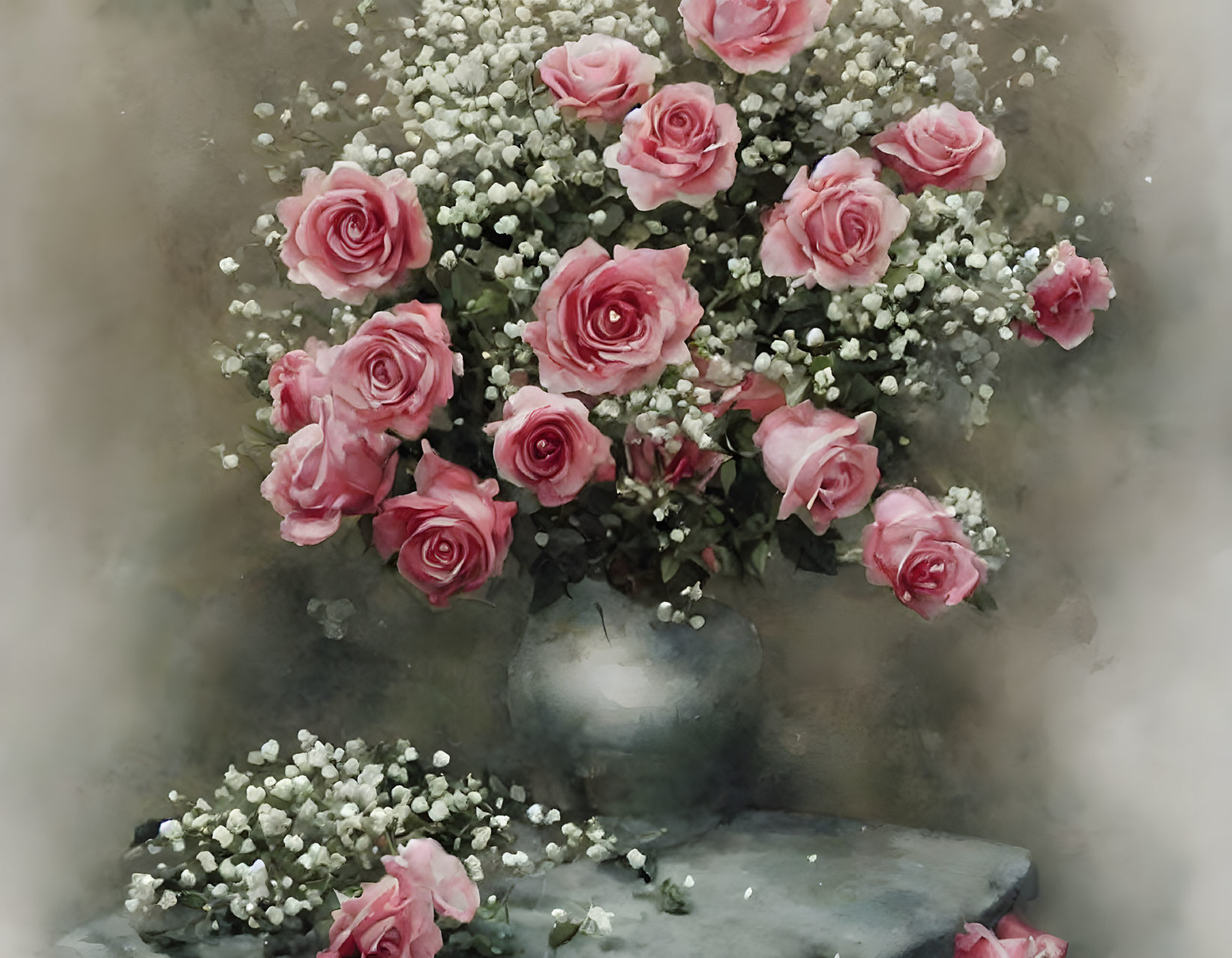 Pink Roses and Baby's Breath Bouquet in Vase on Muted Background