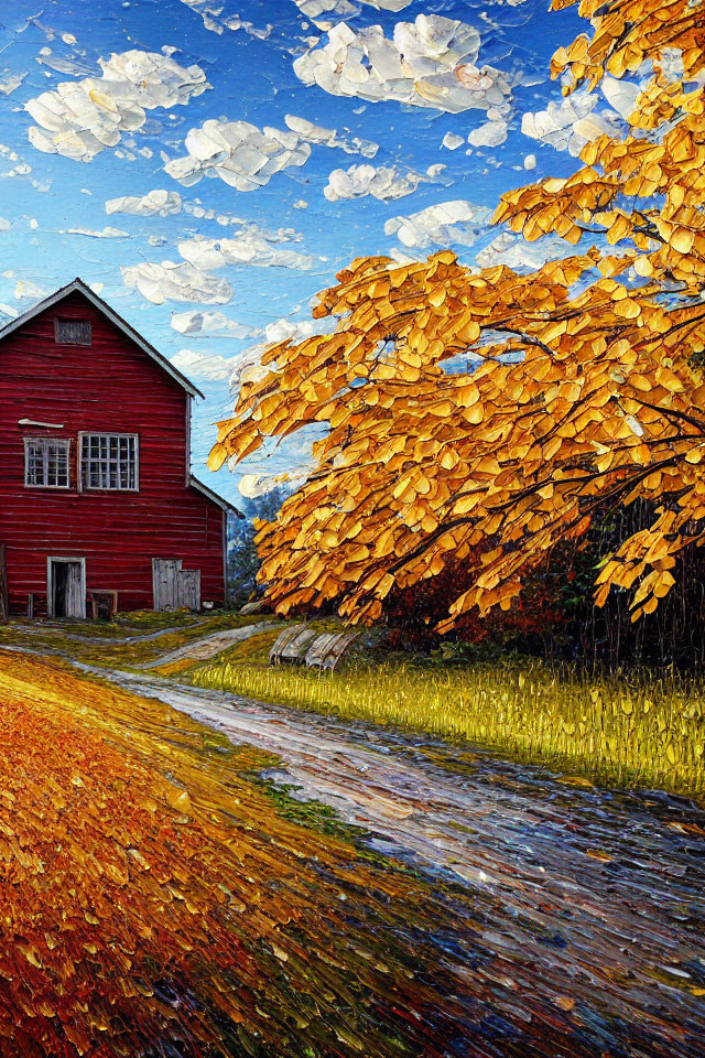 Colorful autumn landscape with red barn, golden leaves, blue sky, and reflective path