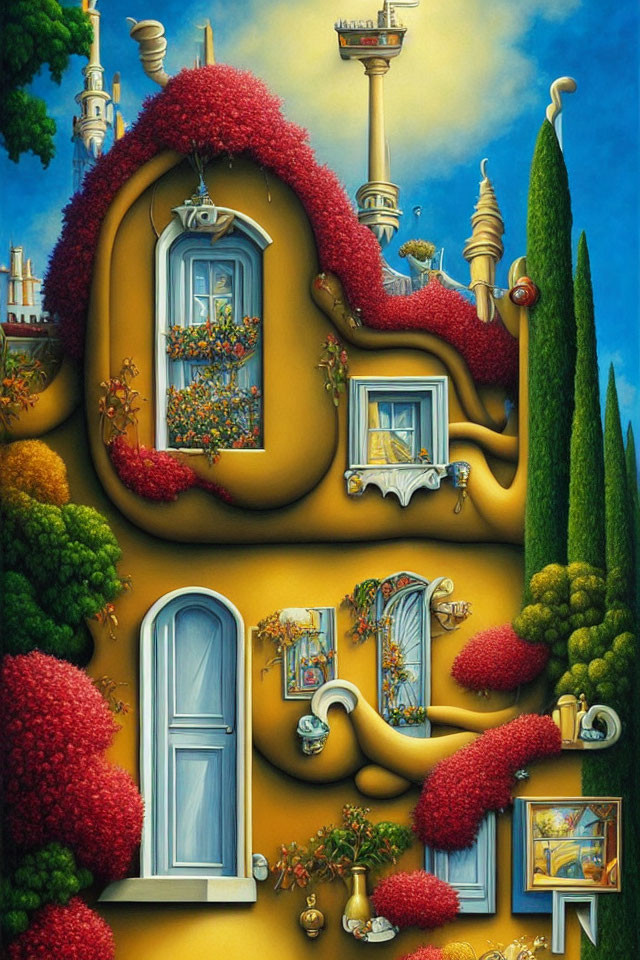 Whimsical surreal artwork: curved house, red foliage, fantasy towers