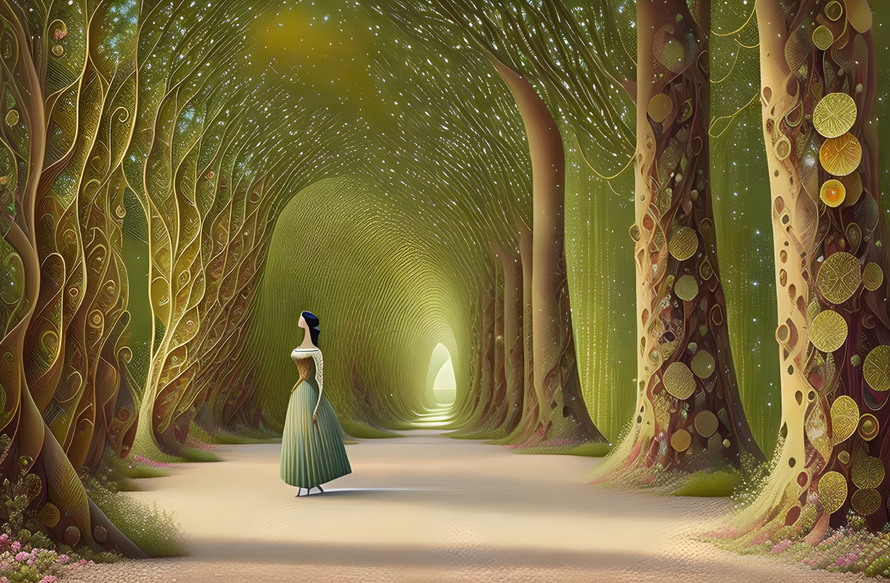 Woman in Long Dress at Entrance of Enchanting Forest Tunnel