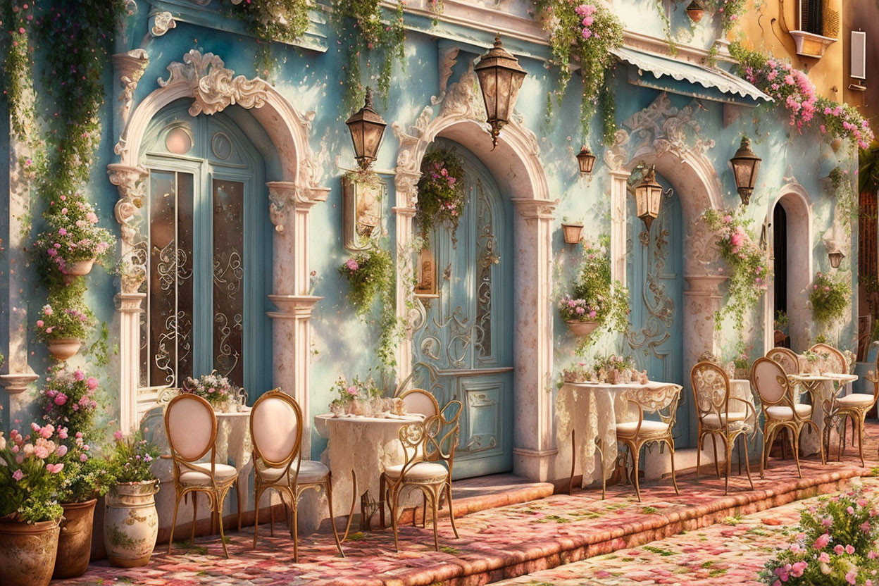 Vintage Café Terrace with Elegant Chairs & Tables Against Ornate Blue Façade & Blooming Flowers
